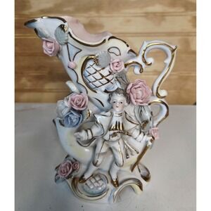 Vintage Ucagco Japan Porcelain Vase Applied Flowers Gold Trim Pitcher Boy Spill